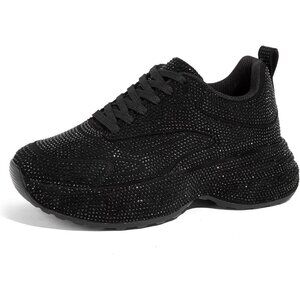 Women's Rhinestone Black Chunky Sparkly Casual Shiny Sneakers Shoes Footwear